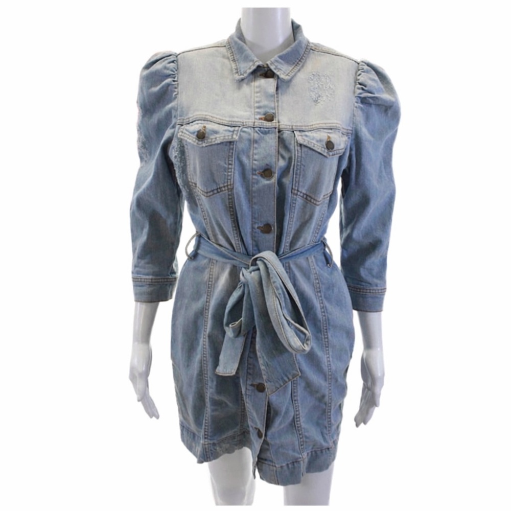 Retrofete Womens Shirt Dress Light Blue Button 3/4 Sleeve Cotton Size L